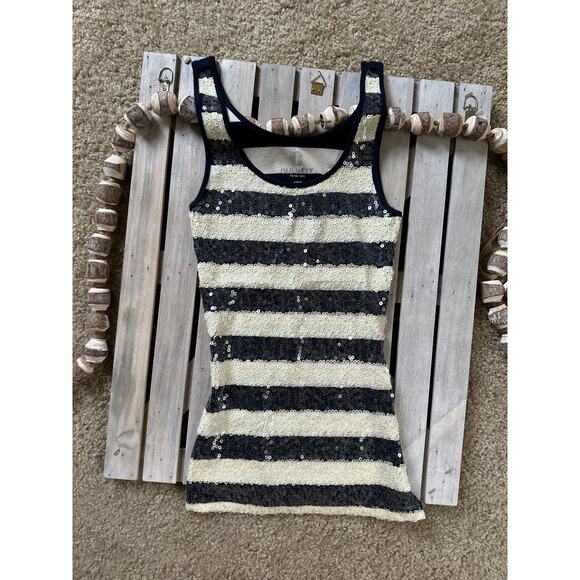 Vintage Y2K Old Navy White Cream Blue Sequin Tank Top Cami - Picture 1 of 5